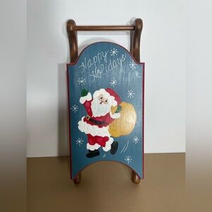 Happy Holidays Santa Clause Decorative Wood Sleigh Hand Painted Christmas